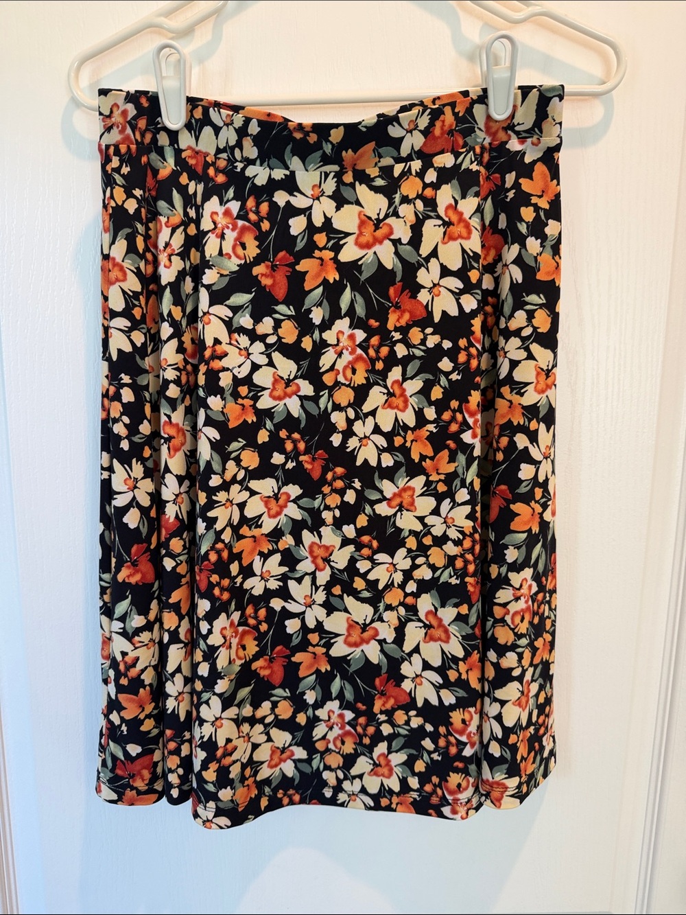 Kaileigh Black A-Line Skirt with Orange and Cream Floral Print